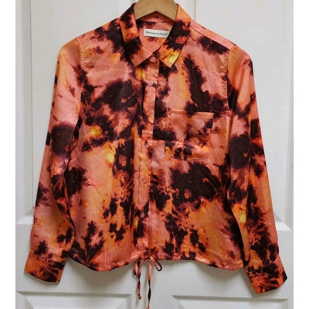 Rebecca Minkoff Pink Multi Tie Dye Top Women Sz M Petite Satin Button Long Slv